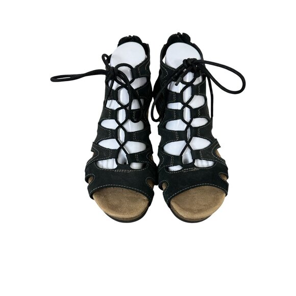 Earth Origins Kendra Kamilla black leather lace-up wedge gladiator sandals size - Picture 3 of 7